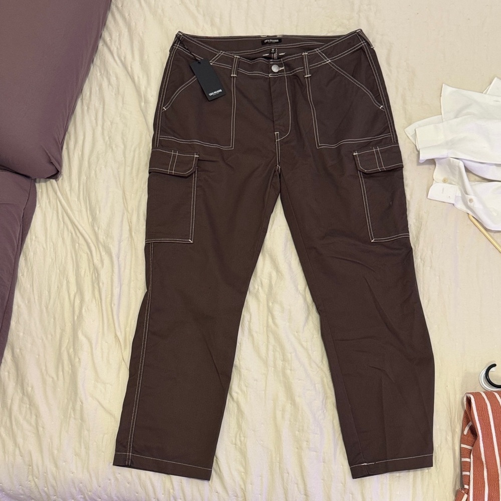 True Religion Men's Dark Brown Cargo Pants with Contrast Stitching